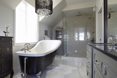 Designs by Santy :: Lakeside Retreat Bathroom with basin tub and walk-in shower