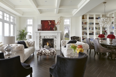 Designs by Santy :: Lakeside Retreat Great room and dining area with fireplace