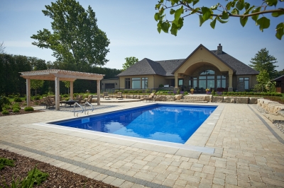 Designs by Santy :: Lakefront Paradise Back elevation with stucco peak and pool deck
