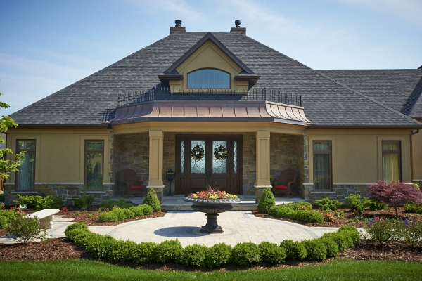 Designs by Santy :: Lakefront Paradise Front elevation with portico and dormer