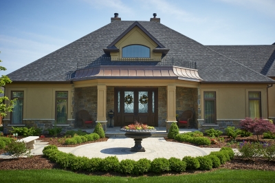 Designs by Santy :: Lakefront Paradise Front elevation with portico and dormer