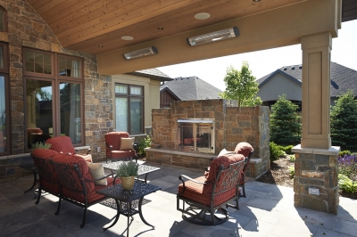 Designs by Santy :: Lakefront Paradise Back porch with outdoor fireplace