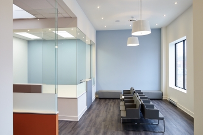 Designs by Santy :: Specialist Office Waiting room with glass partitions and pot lighting