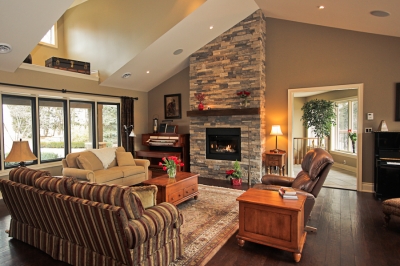 Designs by Santy :: Country Ranch Great room with fireplace, loft ceiling and dormer windows