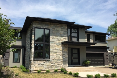 Designs by Santy :: Lakeside Modern Front elevation with stone and stucco