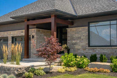 Designs by Santy :: Transitional Bungalow Front exterior with portico and wood posts