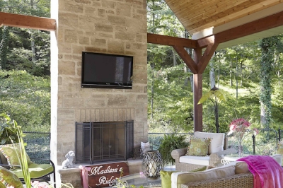 Designs by Santy :: Escarpment Vale House Backyard patio with feature fireplace and vaulted timber ceiling