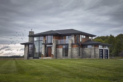 Designs by Santy :: Modern Prairie front exterior with prairie roof and buttress framed windows
