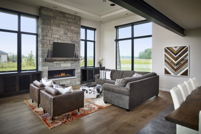 Designs by Santy :: Modern Prairie great room with exposed beam and fireplace