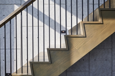 Designs by Santy :: Modern Prairie wood staircase with concrete tile