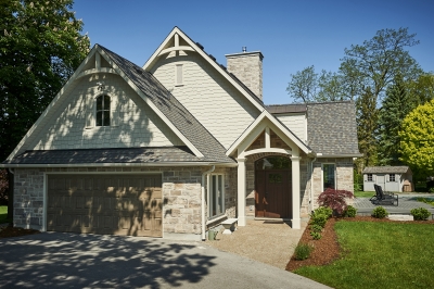 Designs by Santy :: French Country Revival Front exterior with garage and portico