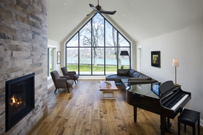 Designs by Santy :: French Country Revival Great room with loft ceiling and feature window