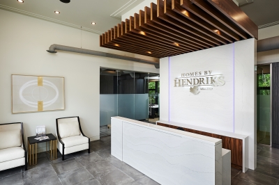 Designs by Santy :: Ravine Office Front reception with industrial detail and marble finish