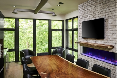 Designs by Santy :: Ravine Office Boardroom with built-in bar, fireplace and full rear glass