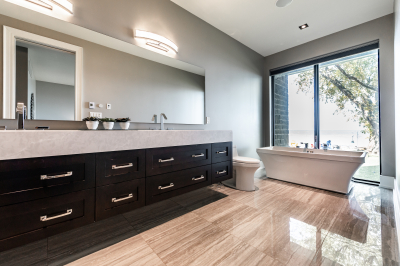 Designs by Santy :: Modern Lakehouse Ensuite with freestanding tub, vanity and lake view