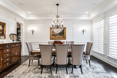 Designs by Santy :: Traditional Luxury Traditional dining room with tray ceiling, decorative trim molding, chandelier and sconces