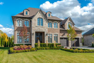 Designs by Santy :: Traditional Luxury Front exterior with stone portico, arch windows and dormers