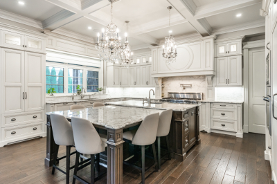 Designs by Santy :: Traditional Luxury Kitchen with island seating, chandelier and coffered ceiling