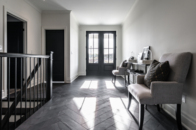 Designs by Santy :: Craftsman Bungalow Foyer with geometric tile and staircase