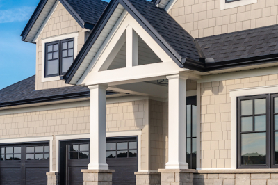 Designs by Santy :: Craftsman Bungalow Front exterior with modern, timber-framed entry