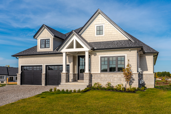 Designs by Santy :: Craftsman Bungalow Front exterior with timber-framed entry, shakes and stone skirt