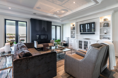 Designs by Santy :: Craftsman Bungalow Great room with fireplace, tray ceiling and millwork