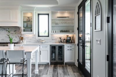 Designs by Santy :: Craftsman Bungalow Kitchen with island, backsplash and walk-out to covered deck