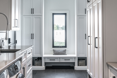 Designs by Santy :: Craftsman Bungalow Mudroom with laundry, millwork and bench