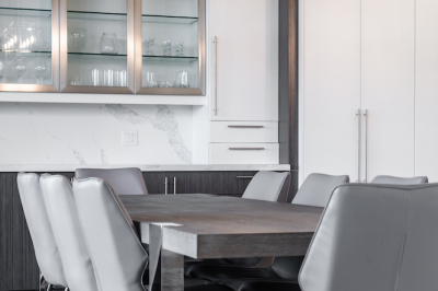 Designs by Santy :: Modern Pilaster Home Dining area with millwork, marble finish and chandelier