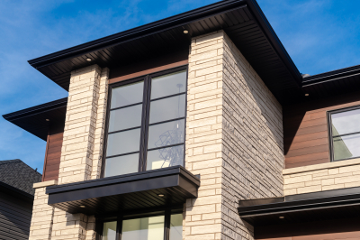 Designs by Santy :: Modern Pilaster Home Front exterior flat roof entry with geometric window pattern and stone pilasters