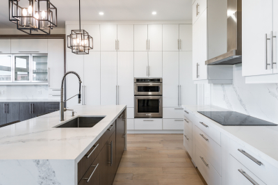 Designs by Santy :: Modern Pilaster Home Kitchen with island, marble finish and millwork