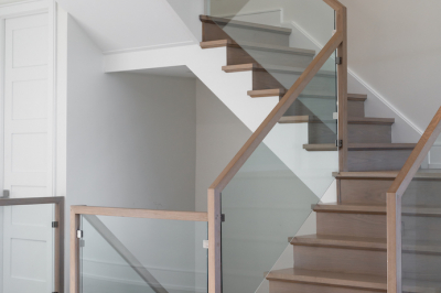 Designs by Santy :: Modern Pilaster Home Staircase with wood finish and glass rail