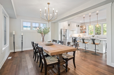 Designs by Santy :: Hilltop Farmhouse Dining area with chandelier