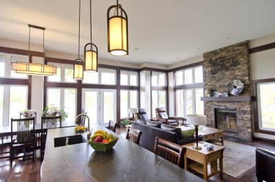 Designs by Santy :: Riverhouse Kitchen view to dining and fireplace