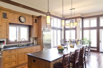 Designs by Santy :: Riverhouse Kitchen with island and transom windows